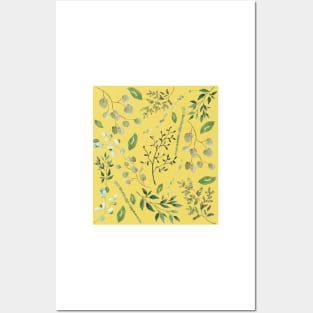 Yellow Green summer leaves watercolour pattern Posters and Art